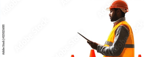 Image showcasing an Engineer overseeing infrastructure project, carefully inspecting progress amidst the site's safety cones The Engineer, clad in a high-visibility vest, uses a tablet for data photo