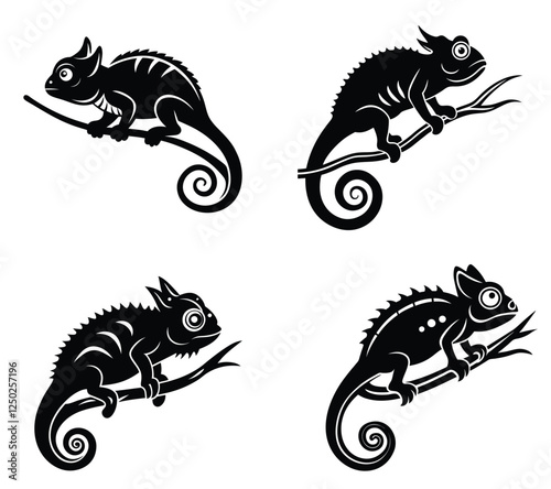 Chameleon Silhouette Vector Icon - Exotic Reptile Perched on a Branch