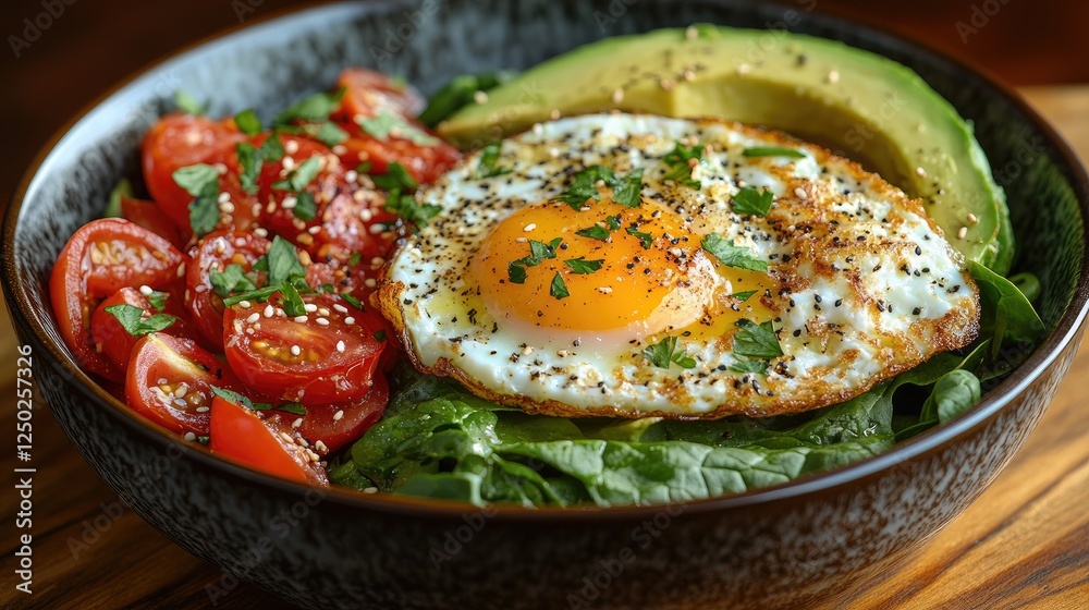 Delicious breakfast bowl featuring a fried egg, fresh tomatoes, avocado, and greens on a wooden table Delicious breakfast bowl featuring a fried egg, fresh tomatoes, avocado, and greens on a wooden table