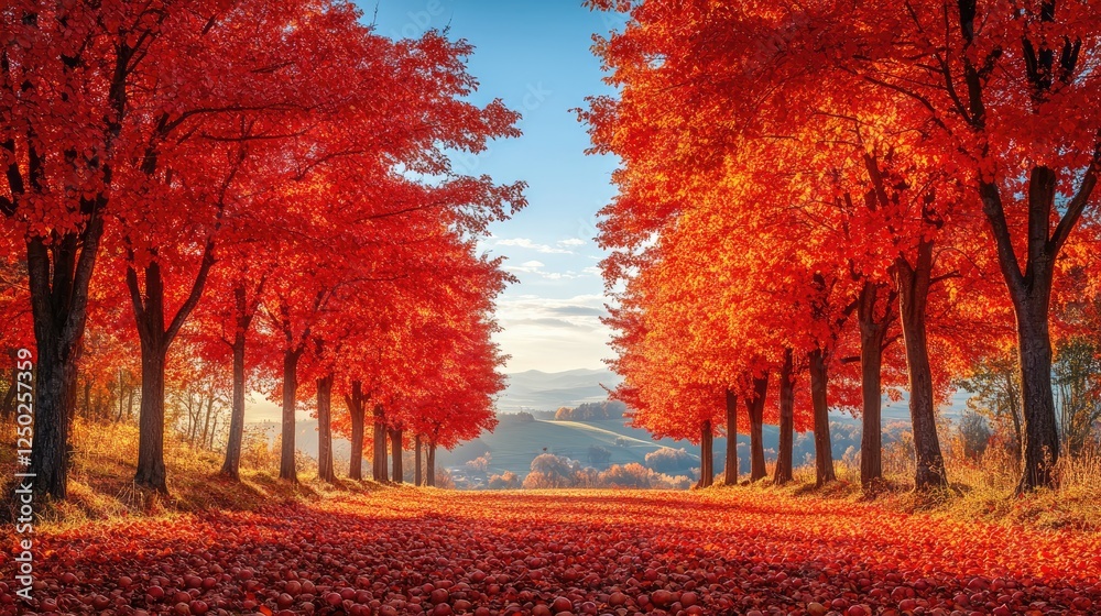 Fototapeta premium Vibrant autumn landscape featuring a pathway lined with fiery red trees and scattered leaves