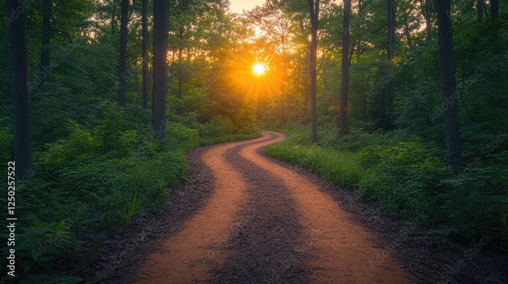 Obraz premium Serene winding path through lush green forest at sunset, inviting exploration and tranquility