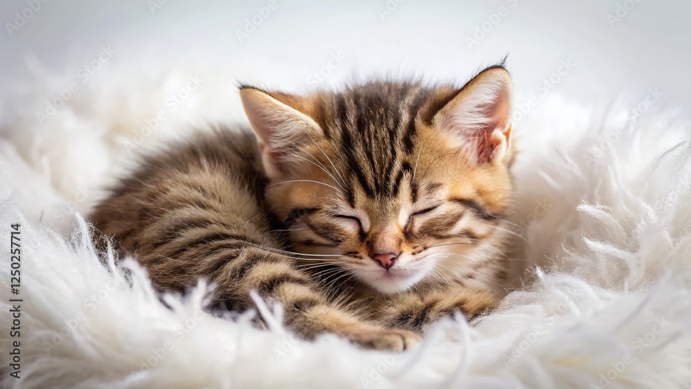 Peaceful Tabby Kitten Curled Up Sleeping on White Background - Adorable Pet Stock Photo Peaceful Tabby Kitten Curled Up Sleeping on White Background - Adorable Pet Stock Photo