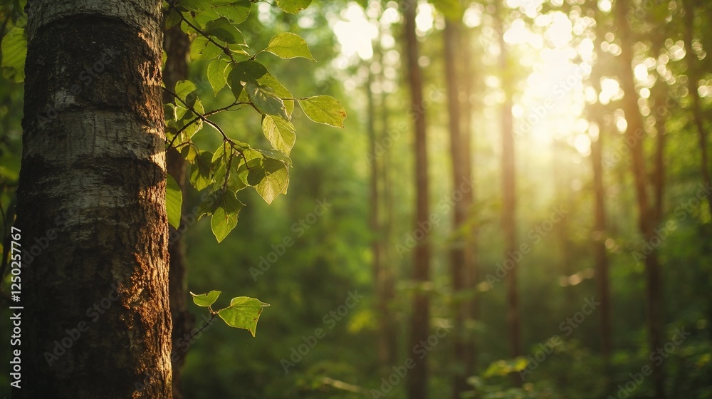 Obraz premium Sunlit forest with glowing green foliage