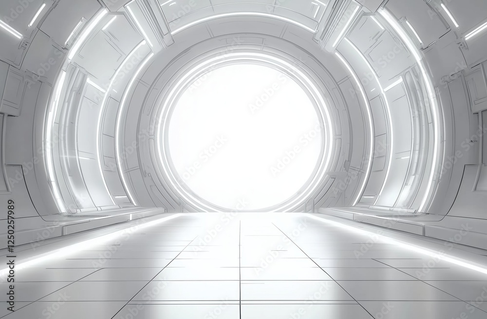 Futuristic Corridor with Bright Exit Portal and Sleek Minimalist Design Evoking Mystery and Anticipation Futuristic Corridor with Bright Exit Portal and Sleek Minimalist Design Evoking Mystery and Anticipation