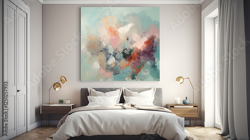 Abstract art piece in light-filled bedroom