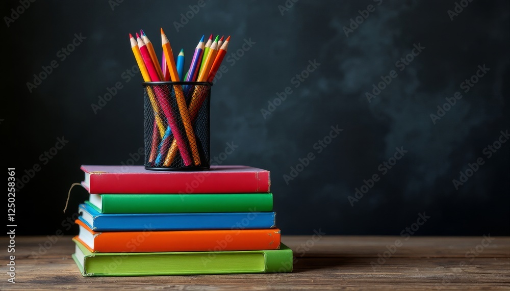Colorful Pencils Resting Atop Stacked Books Colorful Pencils Resting Atop Stacked Books