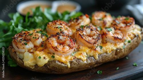Grilled shrimp stuffed baked potato garnished with herbs, served with dipping sauce on a wooden table