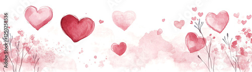 A vibrant watercolor illustration of hearts and flowers for romantic themes. photo