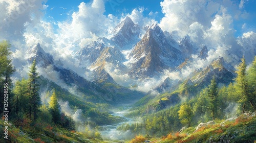 Majestic mountain landscape with vibrant greenery, flowing river, and dramatic clouds in the background