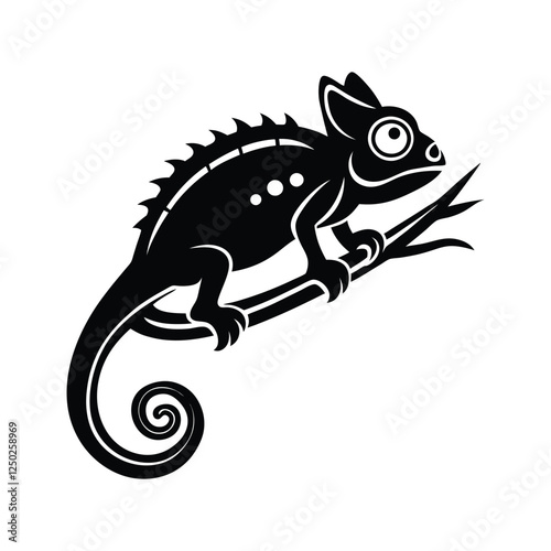 Chameleon Silhouette Vector Icon - Exotic Reptile Perched on a Branch