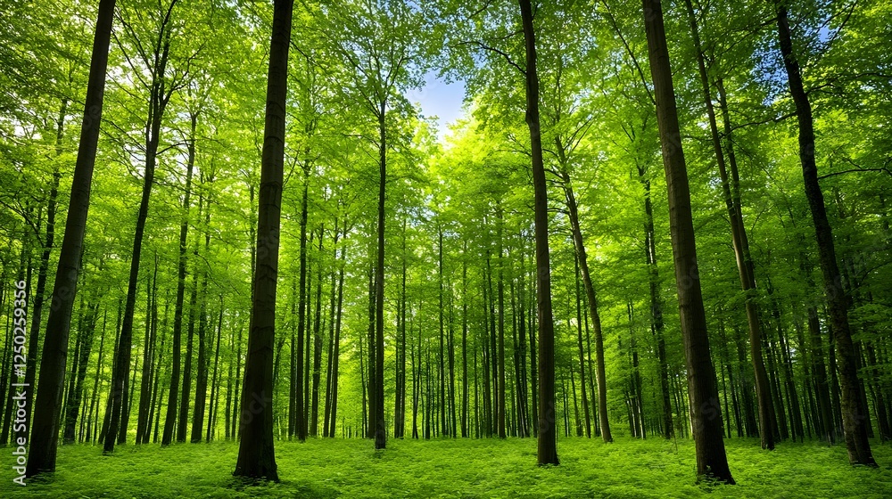 Lush Green Forest Landscape with Tall Trees Bathed in Natural Light and Vibrant Foliage Under a Blue Sky for Scenic Background and Nature Inspiration Lush Green Forest Landscape with Tall Trees Bathed in Natural Light and Vibrant Foliage Under a Blue Sky for Scenic Background and Nature Inspiration