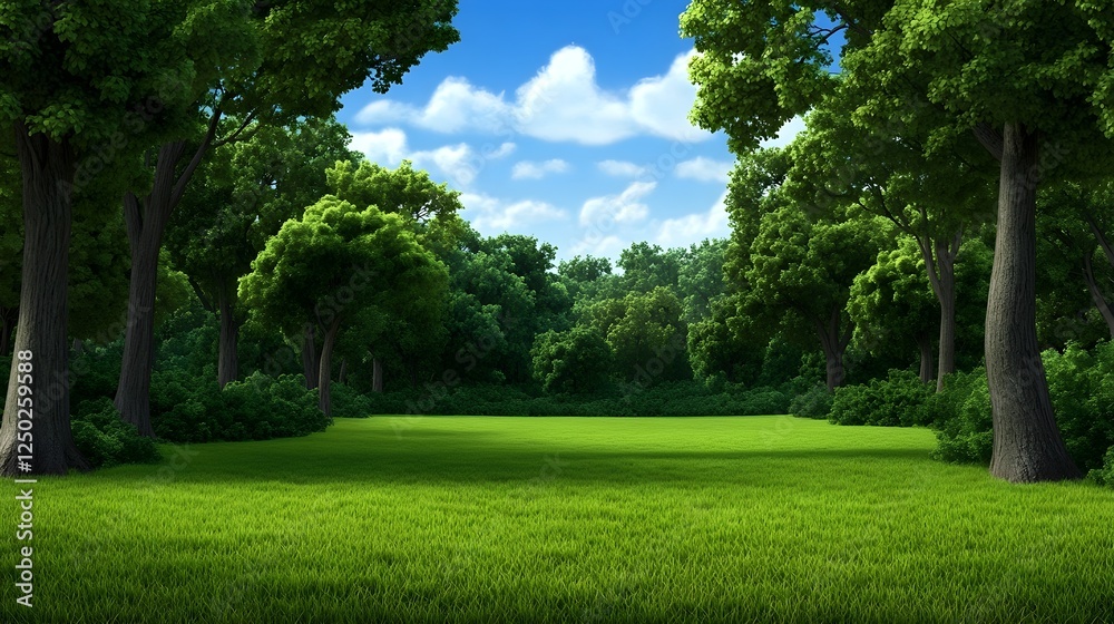 Lush Green Meadow Surrounded by Tall Trees and Bright Blue Sky with Fluffy Clouds in a Crisp Natural Landscape Scene Lush Green Meadow Surrounded by Tall Trees and Bright Blue Sky with Fluffy Clouds in a Crisp Natural Landscape Scene