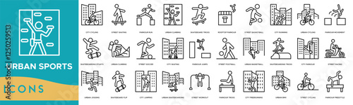 Urban Sports icon. City Cycling, Street Skating, Parkour Run, Urban Climbing, Skateboard Tricks,R ooftop Parkour, Street Basketball and City Running