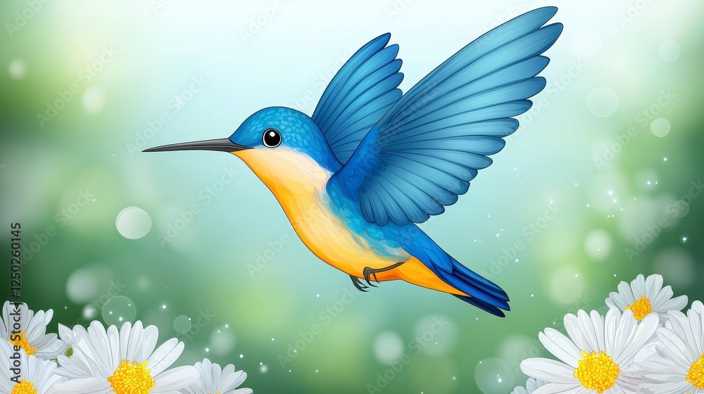 Fototapeta premium Vibrant Blue and Yellow Hummingbird Hovering Near White Daisies in