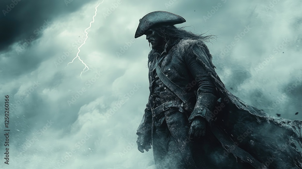 Fototapeta premium Mysterious pirate stands defiantly against a stormy sky, lightning illuminating the scene