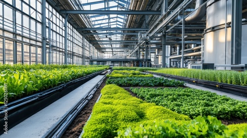 Indoor greenhouse featuring rows of vibrant plants for sustainable agriculture.