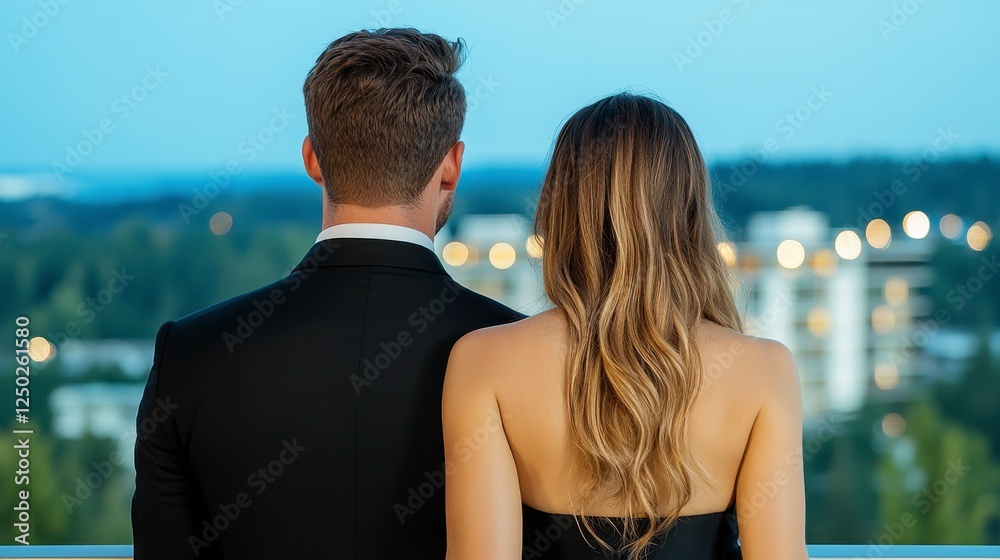 Couple in Black Formal Wear on Balcony Overlooking Night City Couple in Black Formal Wear on Balcony Overlooking Night City