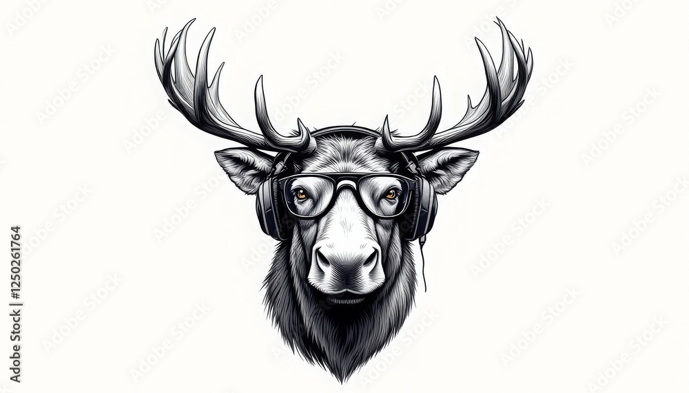Fototapeta premium Moose Head Wearing Headphones and Glasses Animal Character Illustration