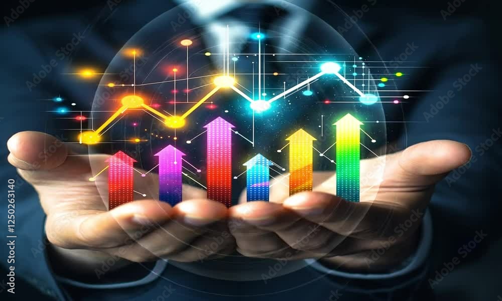 Business Growth and Financial Analytics Hologram in Hands Business Growth and Financial Analytics Hologram in Hands