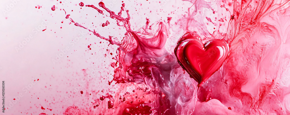 A vibrant splash of red water surrounding a heart symbolizing passion and love.