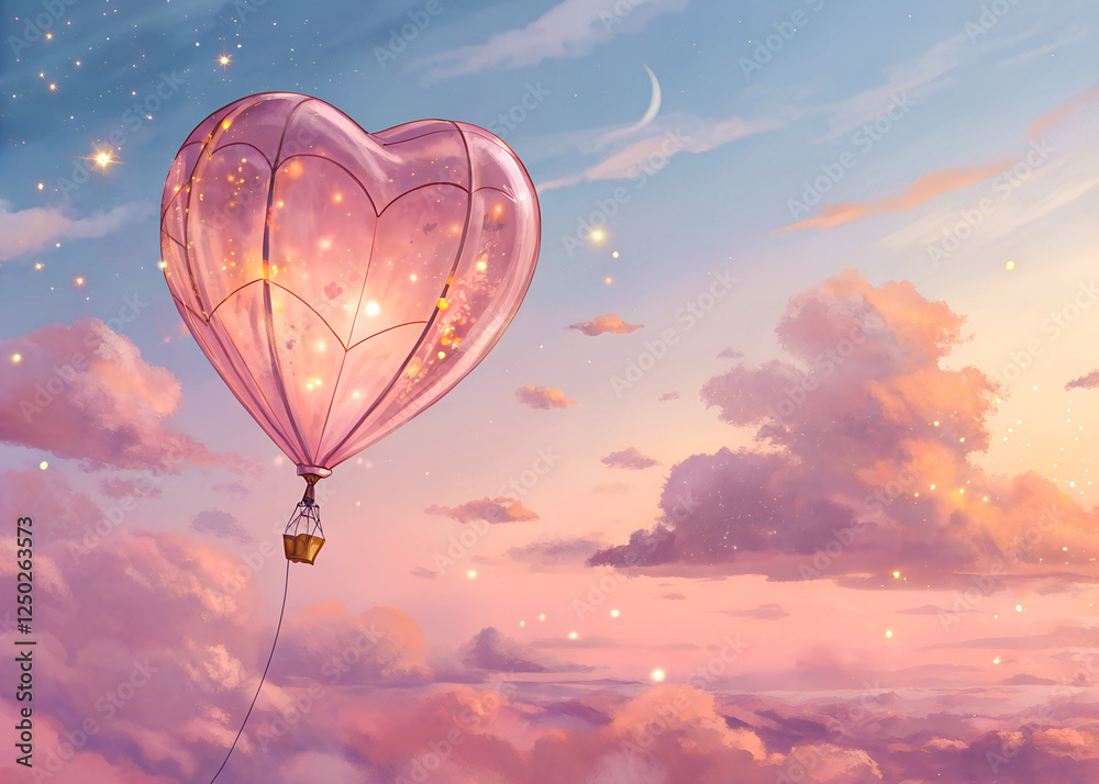 A floating heart-shaped balloon made of translucent pink glass, reflecting soft golden light, suspended in midair against a clear sky, creating a whimsical and romantic scene. A floating heart-shaped balloon made of translucent pink glass, reflecting soft golden light, suspended in midair against a clear sky, creating a whimsical and romantic scene.