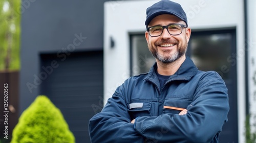 Smiling Male Technician in Uniform Posing Outside Modern Home