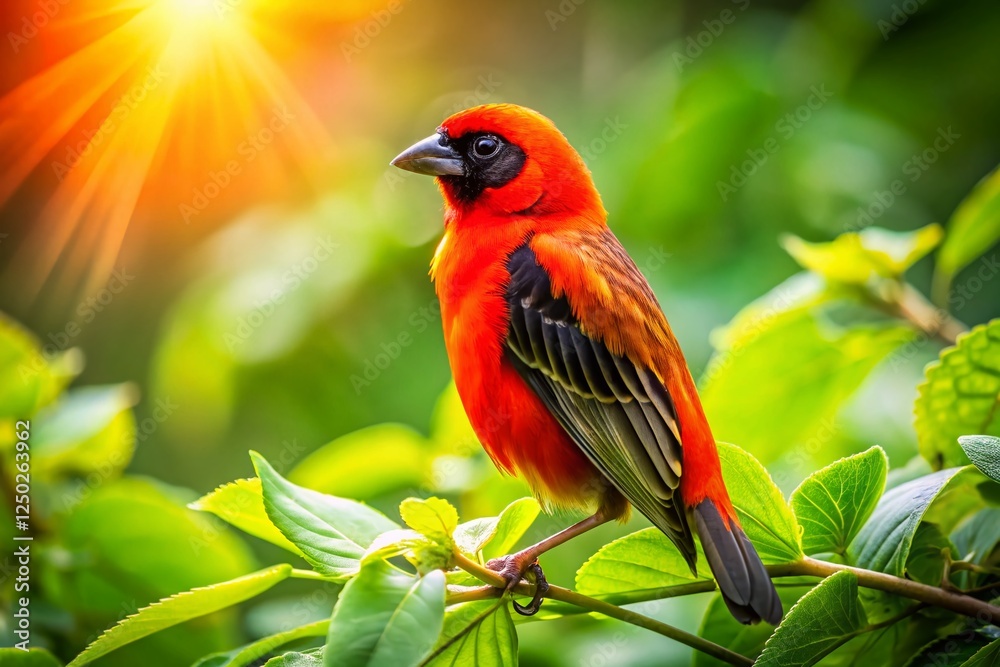 Fototapeta premium Red Bishop Bird Hidden in Green Bush - Wildlife Photography