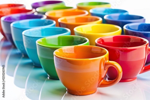 The vibrant color cups in a row for a hot drink, glossy and bright collection.