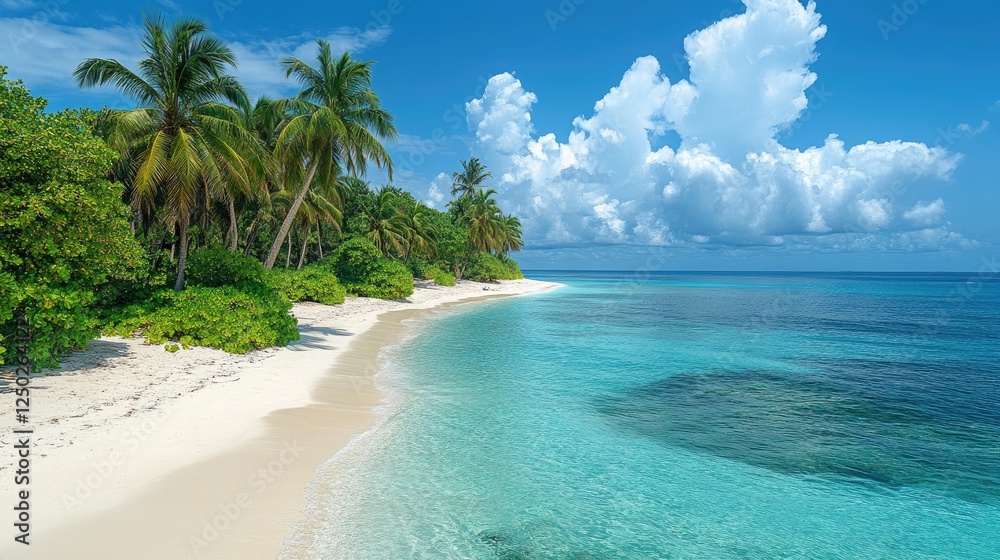 Fototapeta premium Serene tropical beach with palm trees, clear turquoise waters, and fluffy clouds in the background