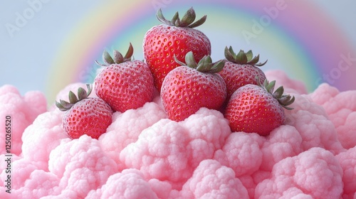 Fresh strawberries atop fluffy pink clouds with a vibrant rainbow in the background