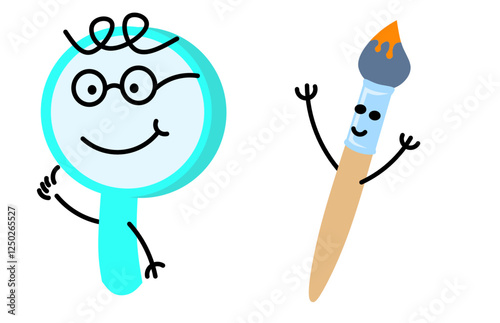 Cute educational supplies characters for school. School stationery mascots with smiling faces, pens, erasers, calculators, magnifying glasses. Fun educational supplies, vector illustration