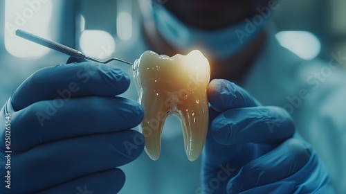 Dental professional examining realistic tooth model with dental tool in a clinical environment, showcasing oral health and hygiene awareness