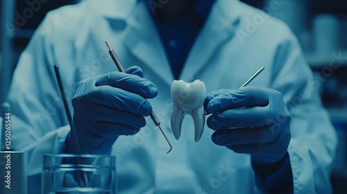 Dental professional examining artificial tooth model with surgical instruments in laboratory setting focused on oral health and dental care practices