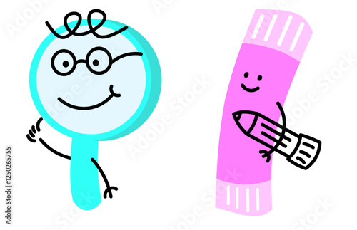 Cute educational supplies characters for school. School stationery mascots with smiling faces, pens, erasers, calculators, magnifying glasses. Fun educational supplies, vector illustration