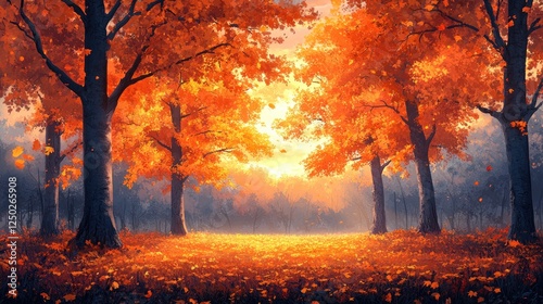 Vibrant autumn forest with orange leaves, sunlight filtering through trees, serene atmosphere