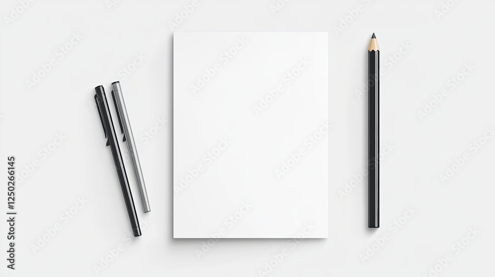 Blank stationery with pens and a pencil arranged neatly on a clean surface for creative work Blank stationery with pens and a pencil arranged neatly on a clean surface for creative work