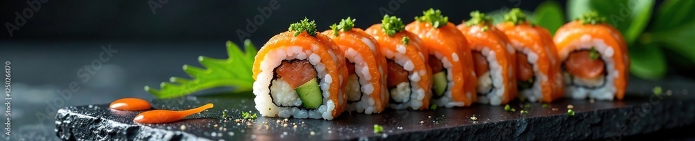 Sushi rolls on black stone slab with sauce drizzle, sushi, cheese, dark stone