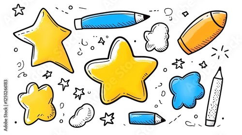 Colorful doodles of stars, clouds, and pencils on a white background, ideal for creative projects