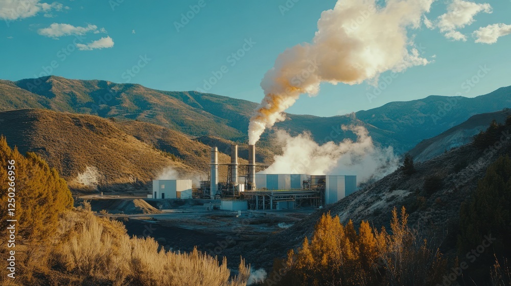Fototapeta premium Industrial facility emitting steam against a mountainous backdrop.