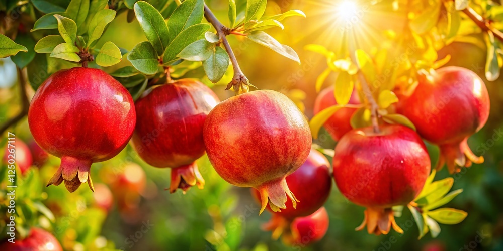 Ripe Pomegranates Hanging on a Tree Branch in Autumn Sunlight