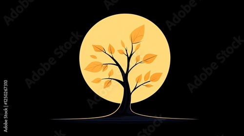 A solitary tree with autumn leaves silhouetted against a large yellow moon at night