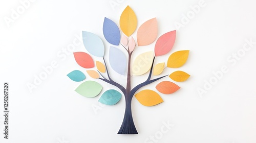 Colorful paper tree with various leaf shapes and colors against a white background, symbolizing growth