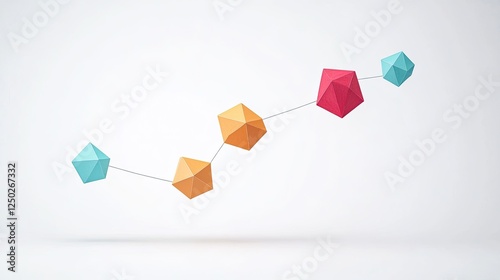 Colorful geometric shapes connected by a line, creating a modern, abstract design in a minimalist space