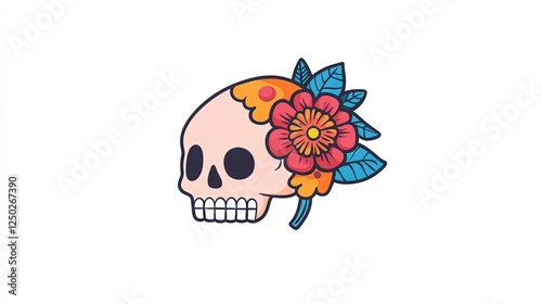 Colorful skull illustration adorned with flowers, showcasing vibrant design elements and creativity