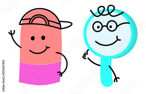 Mascot school supplies. Cute cartoon stationery characters, emoticons, cute comic objects, eraser, book, pencil, backpack, vector illustration. Stationery, pencils and educational supplies