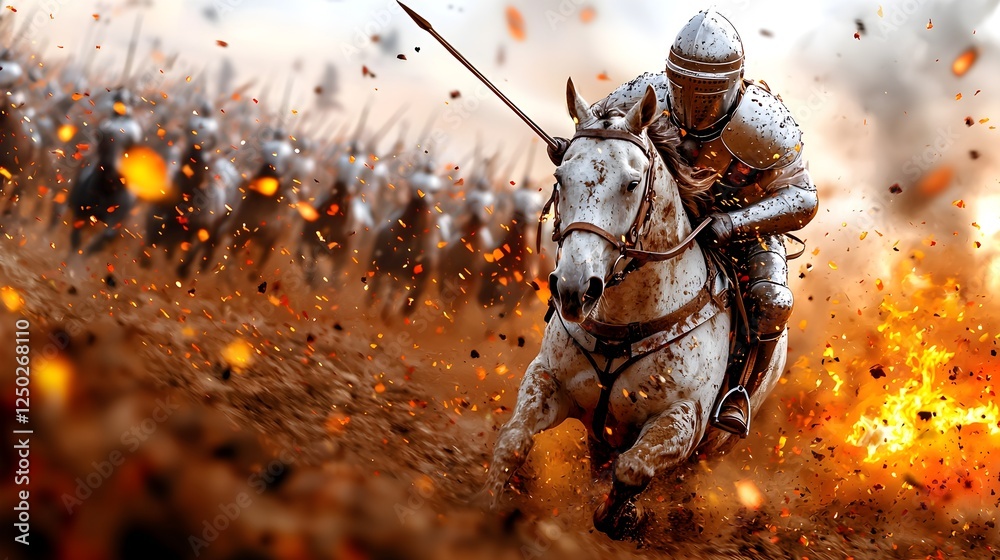 Knight in Shining Armor Charging Through Battlefield with Sword Raised, Surrounded by Flames and Dust, Evoking Epic Medieval Combat Scene in Dynamic Motion Knight in Shining Armor Charging Through Battlefield with Sword Raised, Surrounded by Flames and Dust, Evoking Epic Medieval Combat Scene in Dynamic Motion
