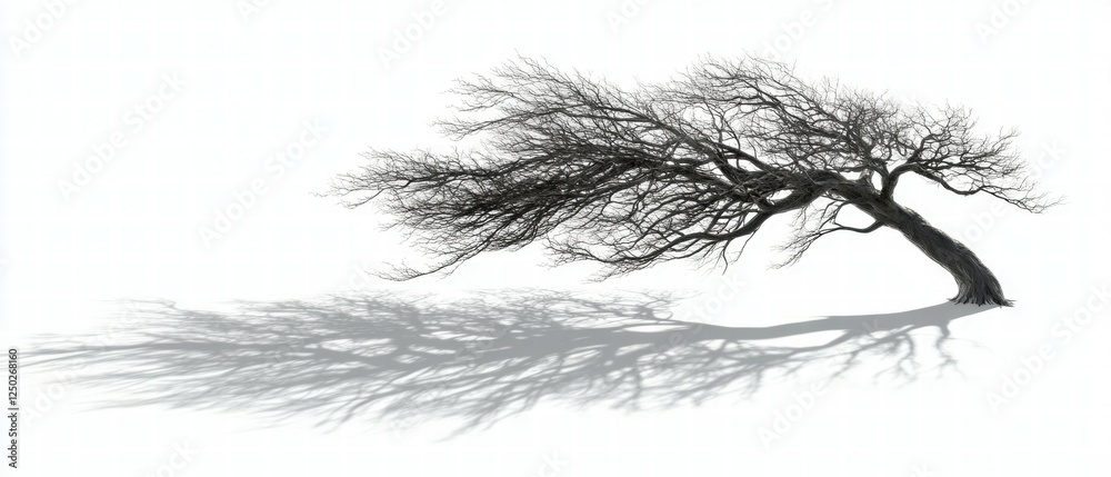 Obraz premium Leaning Tree with Bare Branches Casting Intriguing Shadow on White Background