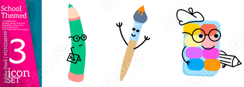 Mascot school supplies. Cute cartoon stationery characters, emoticons, cute comic objects, eraser, book, pencil, backpack, vector illustration. Stationery, pencils and educational supplies
