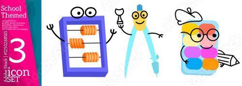 Mascot school supplies. Cute cartoon stationery characters, emoticons, cute comic objects, eraser, book, pencil, backpack, vector illustration. Stationery, pencils and educational supplies