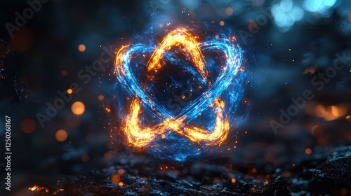 Glowing atomic symbol surrounded by vibrant blue and orange light in a mystical forest setting